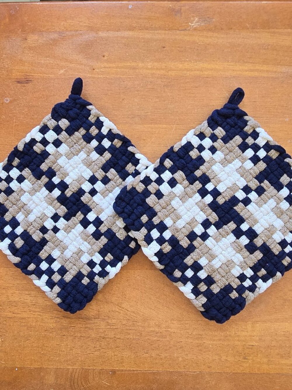 Set of 2 Handmade Artisan Cotton Woven Loomed Nautica Potholders Hot PadsTrivets